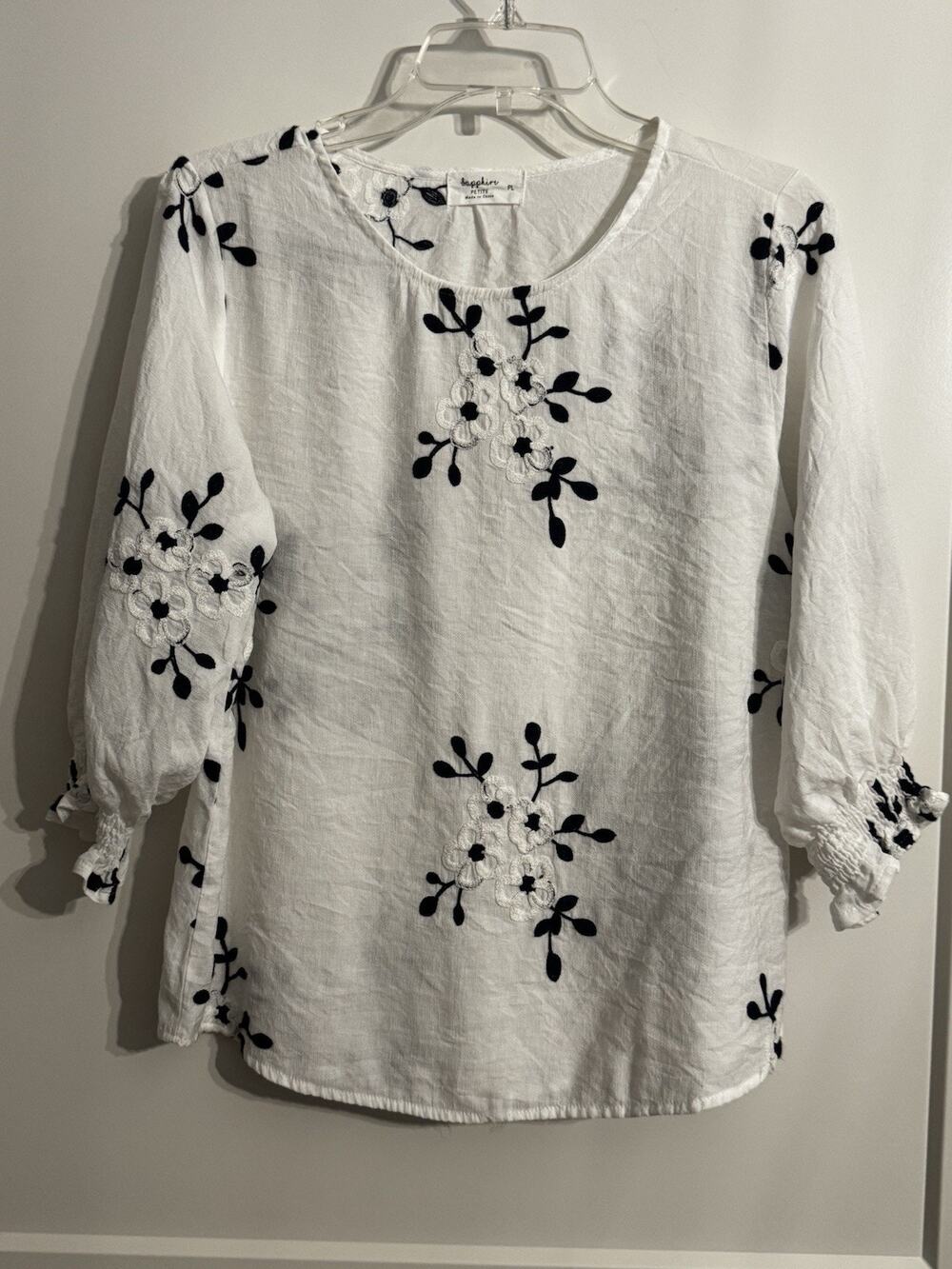 Sapphire Long Sleeve White Embroidered Flowers Blouse Sz LP Preppy Summer Office